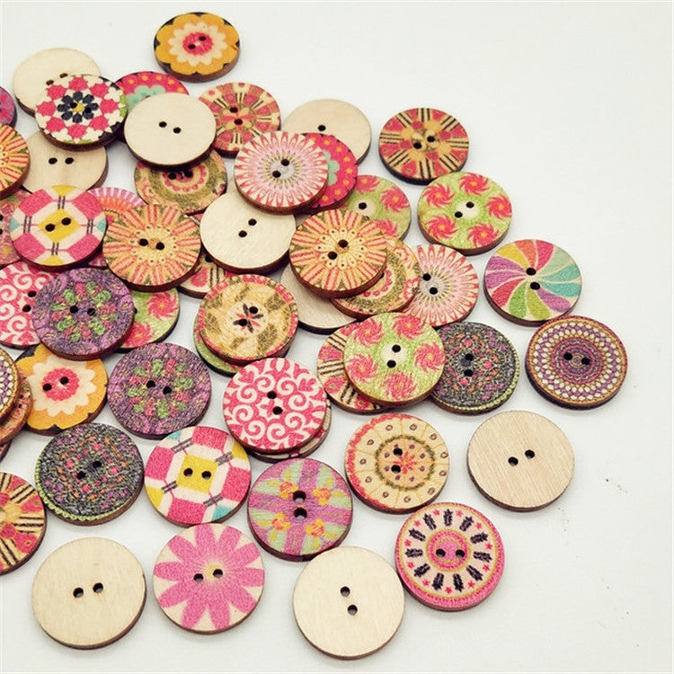 100個一賣 兩孔圓形印花木紐扣DIY服裝扣