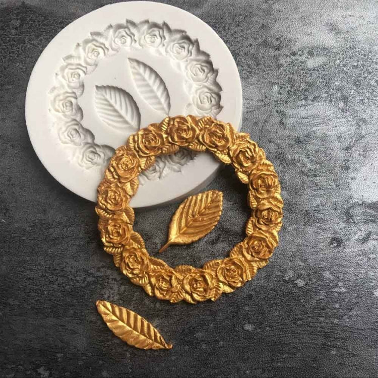 2件一賣 玫瑰花環玫瑰恭弘=叶 恭弘硅膠翻糖模 蛋糕圍邊裝飾工具 烘焙滴膠模具