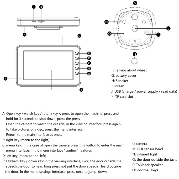 M4300A 4.3英寸显示屏300萬像素智能可視門鈴 支持最大32GBTF卡&移動偵測&紅外夜視