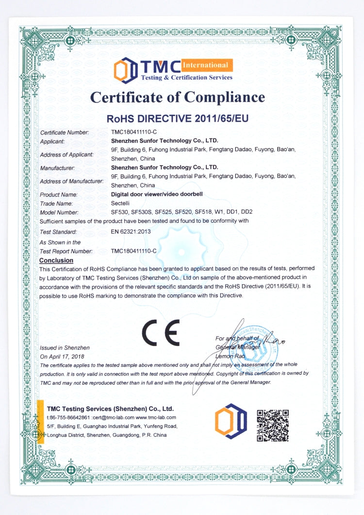 SN520A 智能电子貓眼 家用無線門鈴帶3.5英寸显示屏 100萬攝像頭