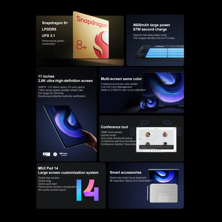 小米平板6 Pro 12GB+512GB 11.0英寸,  MIUI 14 第一代驍龍8+八核處理器，2000萬前置攝像頭 8600mAh大電池