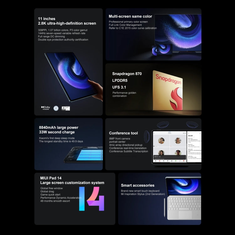小米平板6 8GB+256GB 11.0英寸,  MIUI 14 高通驍龍870八核 支持藍牙WiFi