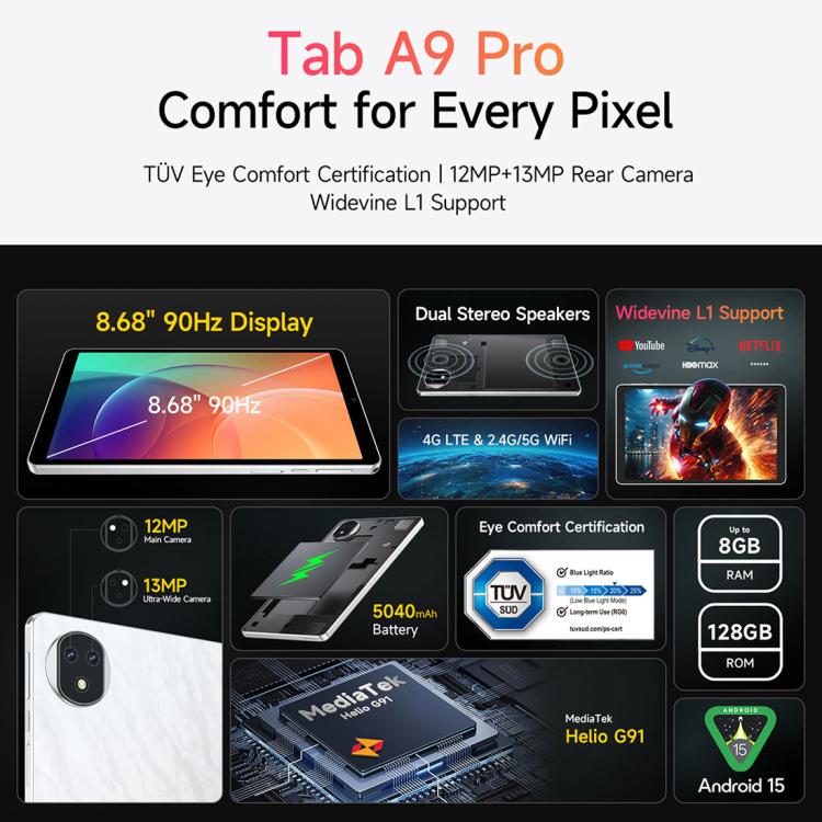 歐樂風 Tab A9 Pro 平板，4GB+128GB，8.68英寸安卓15 聯發科Helio G91八核 4G網絡，歐規