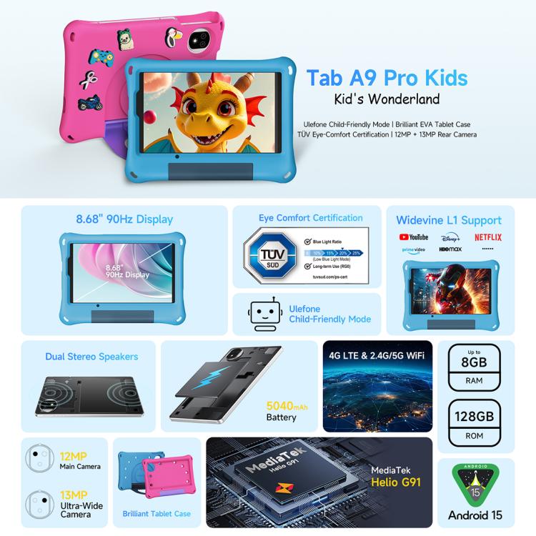歐樂風 Tab A9 Pro Kids 兒童平板，4GB+128GB，8.68英寸安卓15 聯發科Helio G91八核 4G網絡，歐規