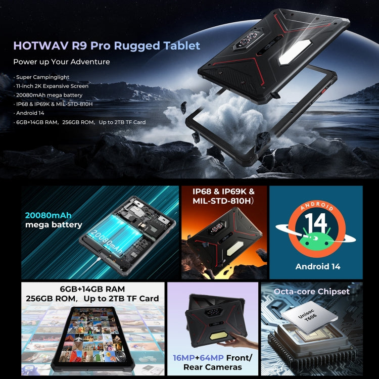 HOTWAV Tab R9 Pro三防平板，6GB+256GB，11英寸安卓14 展訊T606八核 4G網絡，全球版支持谷歌商店，歐規