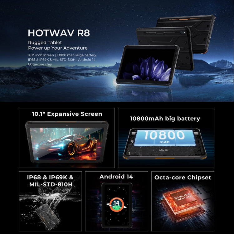 HOTWAV Tab R8 三防平板，4GB+128GB，10.1英寸安卓14 展訊T606八核 4G網絡，全球版支持谷歌商店，歐規