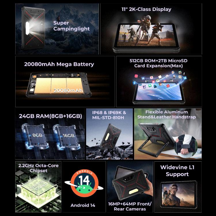 HOTWAV Tab R9 Plus三防平板，8GB+512GB，11英寸安卓14 紫光展銳T7280 八核 4G網絡，全球版支持谷歌商店，歐規