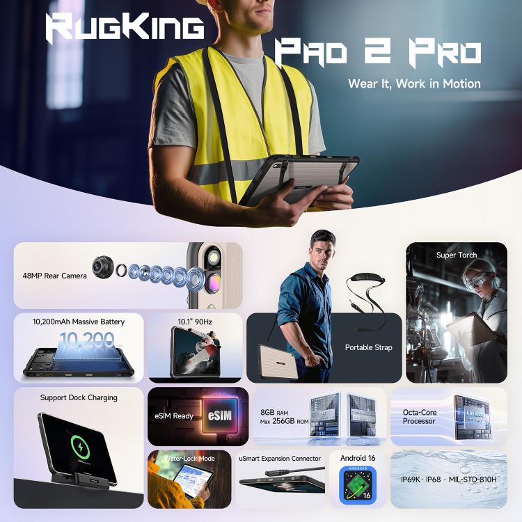 歐樂風 Rugking Pad 2 Pro 三防平板，8GB+256GB，10.1英寸安卓16 紫光展銳T7250八核 4G網絡，歐規  , 8GB+256GB