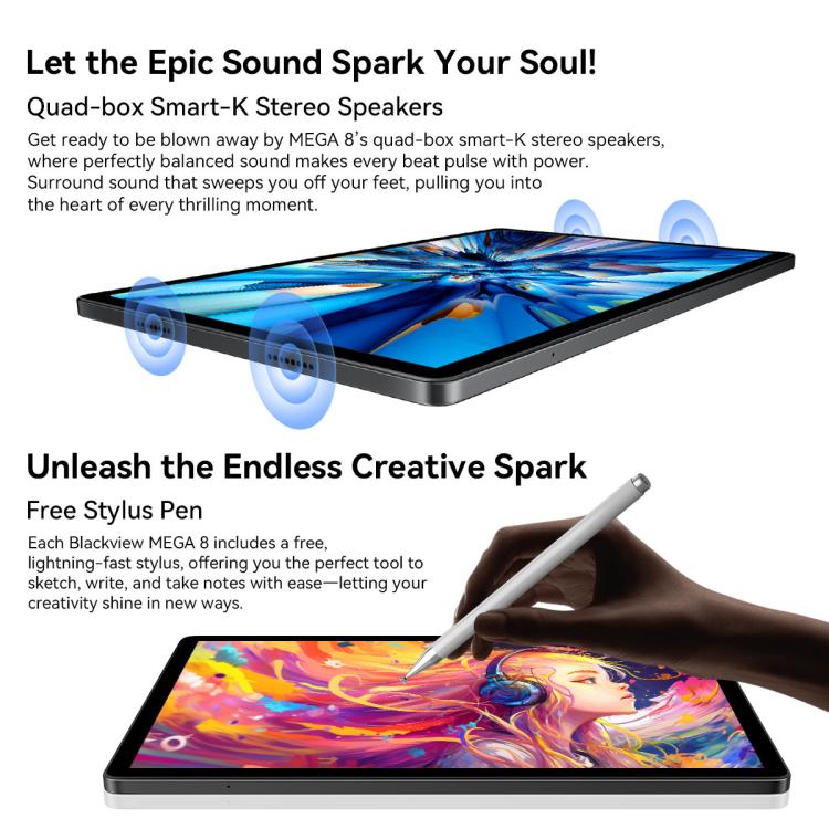 Blackview MEGA 8 13英寸4G平板, 12GB+256GB, 安卓15 紫光展銳T620八核 全球版本自帶Google Play