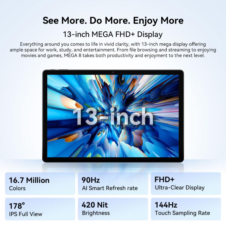 Blackview MEGA 8 13英寸4G平板, 12GB+512GB, 安卓15 紫光展銳T620八核 全球版本自帶Google Play