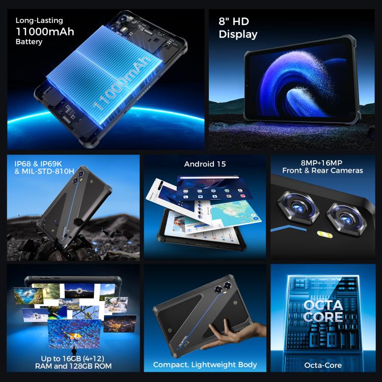 OUKITEL RT3 Plus 8英寸IP68/IP69K三防平板，4GB+128GB，安卓15 MediaTek G81八核 支持雙卡，4G網絡，歐規