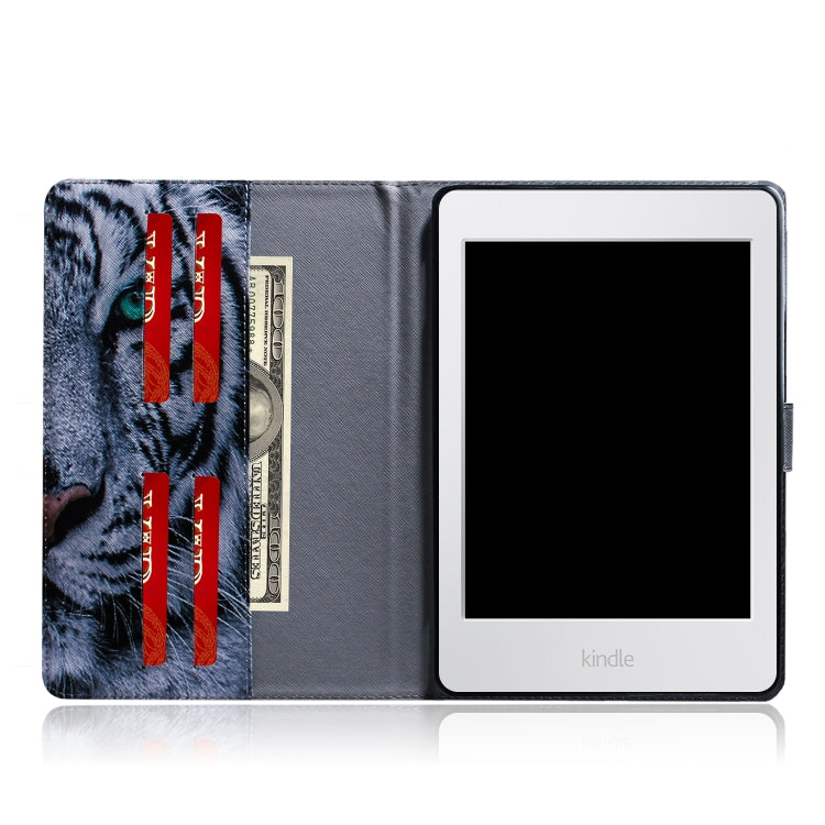 適用於亞馬遜 Kindle Paperwhite 4  / 3 / 2 / 1 老虎圖案左右開皮套 帶支架&卡槽&錢包