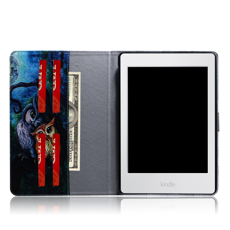 適用於亞馬遜 Kindle Paperwhite 4  / 3 / 2 / 1 油畫貓頭鷹圖案左右開皮套 帶支架&卡槽&錢包