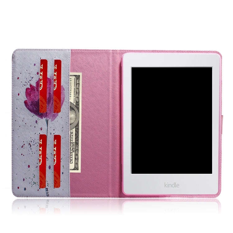 適用於亞馬遜 Kindle Paperwhite 4  / 3 / 2 / 1 紫蘭花圖案左右開皮套 帶支架&卡槽&錢包