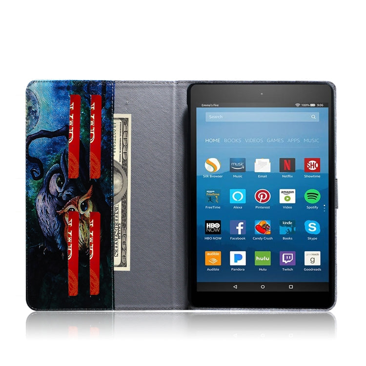 亞馬遜 Kindle Fire HD 8 2015/2016/2017/2018  油畫貓頭鷹圖案左右開皮套 帶支架&卡槽&錢包