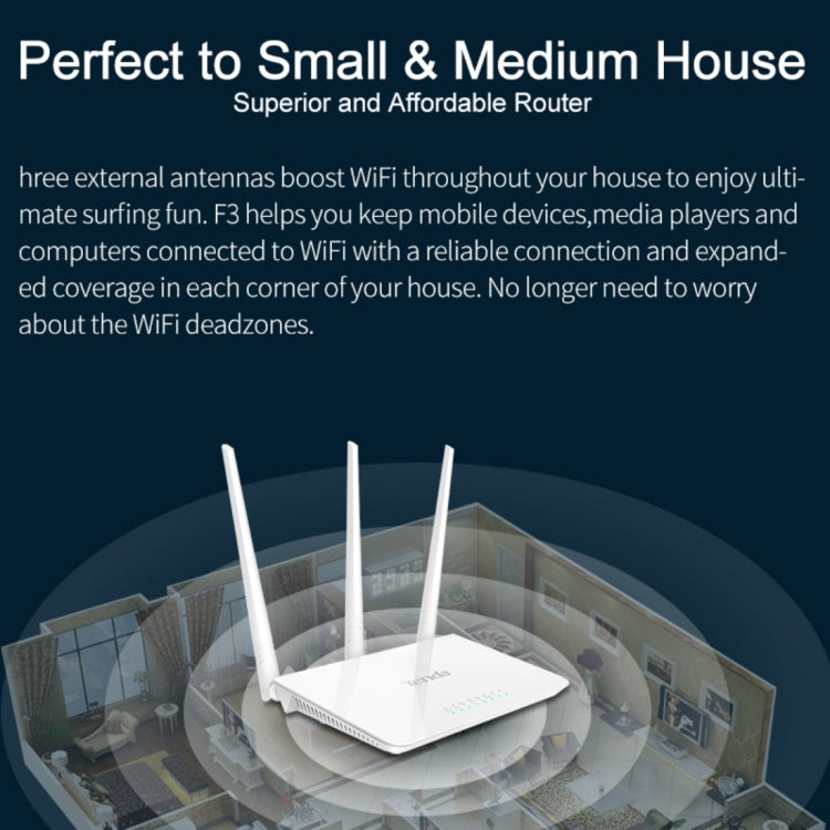 Tenda F3無線2.4GHz 300Mbps WiFi路由器，帶3根5dBi外部天線