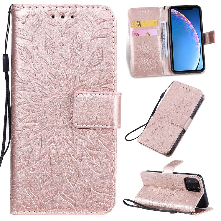 適用於iPhone 11 Pro 壓花太陽花圖案左右開皮套, 帶支架&卡槽&錢夾&掛繩